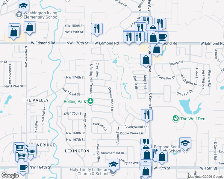 map of restaurants, bars, coffee shops, grocery stores, and more near 808 Countrywood Ln in Edmond