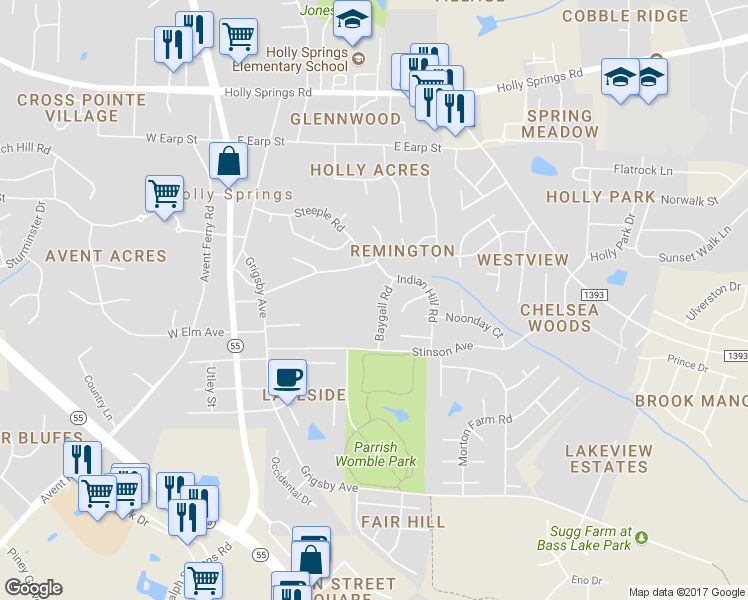 map of restaurants, bars, coffee shops, grocery stores, and more near 516 Baygall Road in Holly Springs