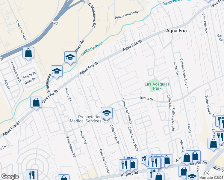 map of restaurants, bars, coffee shops, grocery stores, and more near 1100 Calle Nueva Vista in Santa Fe