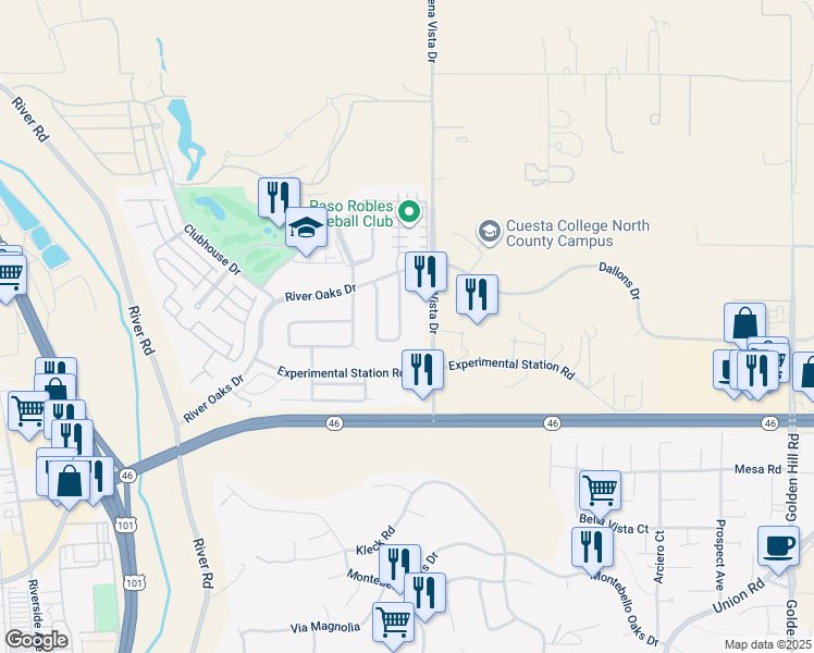 map of restaurants, bars, coffee shops, grocery stores, and more near 2742 Stonebrook Circle in Paso Robles