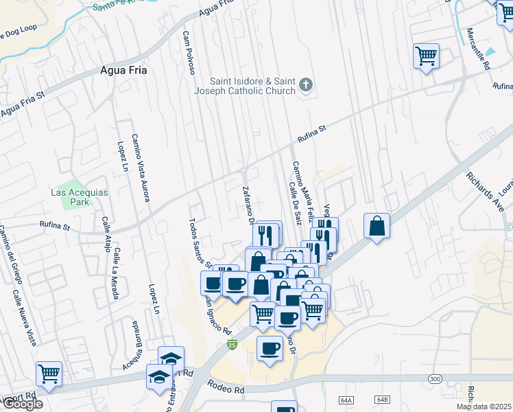 map of restaurants, bars, coffee shops, grocery stores, and more near 4362 San Benito Street in Santa Fe