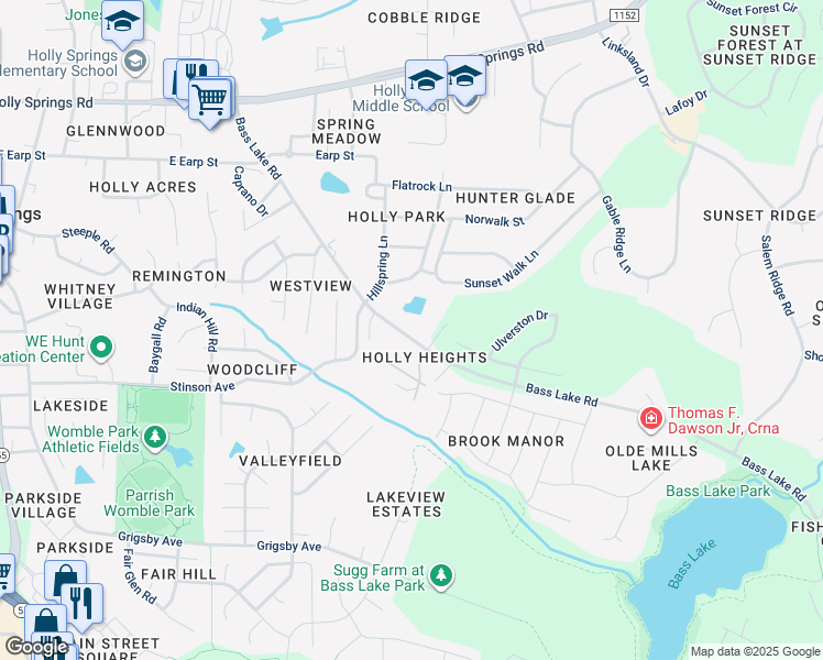 map of restaurants, bars, coffee shops, grocery stores, and more near 413 Bass Lake Road in Holly Springs