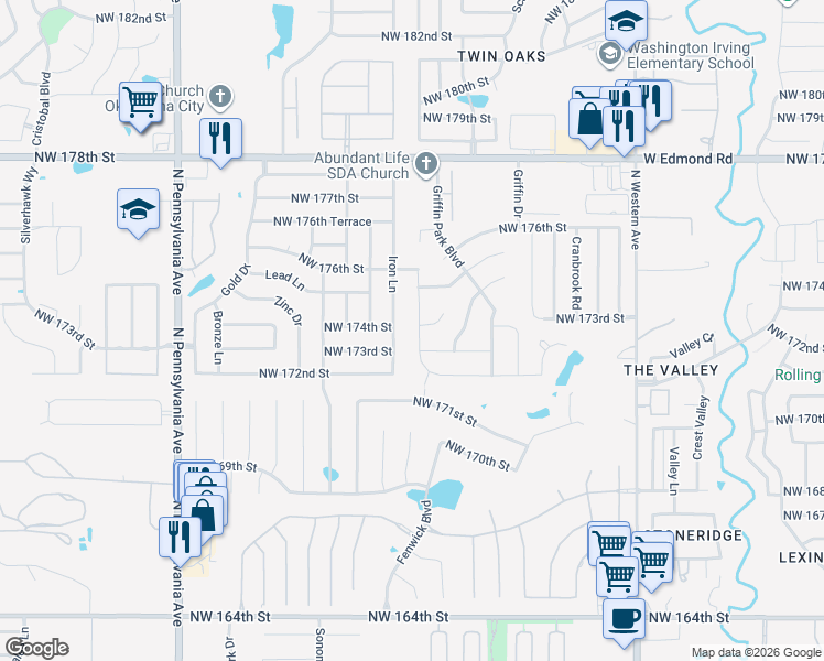 map of restaurants, bars, coffee shops, grocery stores, and more near 17413 Melville Lane in Edmond