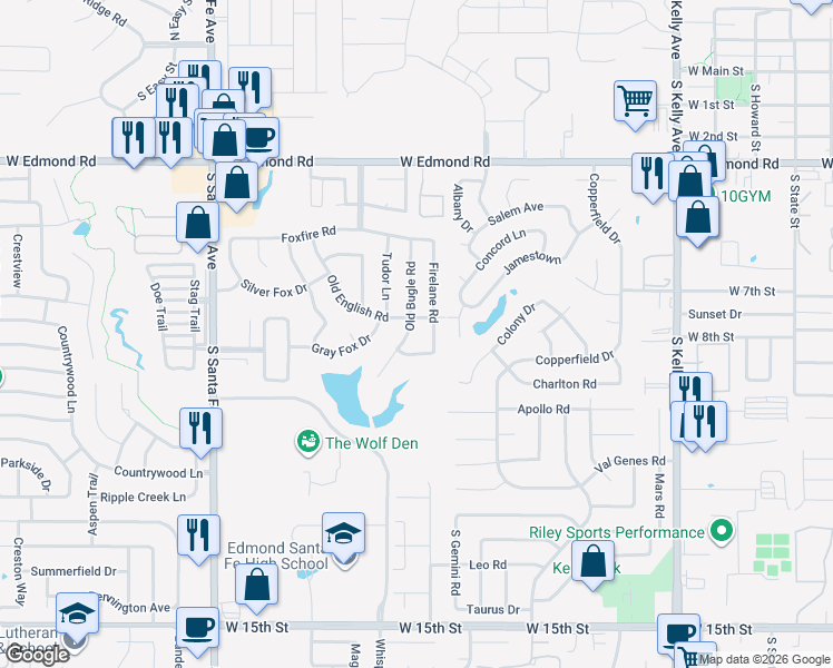 map of restaurants, bars, coffee shops, grocery stores, and more near 704 Old Bugle Road in Edmond