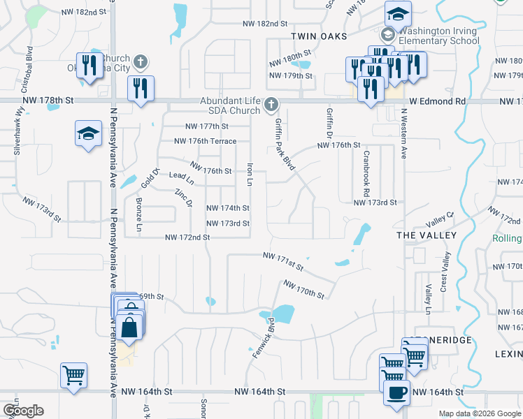 map of restaurants, bars, coffee shops, grocery stores, and more near 17413 Melville Lane in Edmond