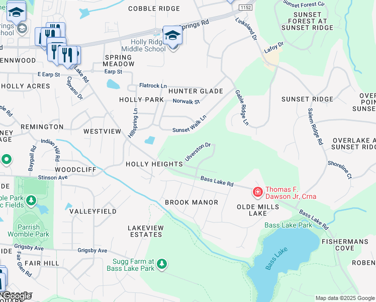 map of restaurants, bars, coffee shops, grocery stores, and more near 117 Ulverston Drive in Holly Springs