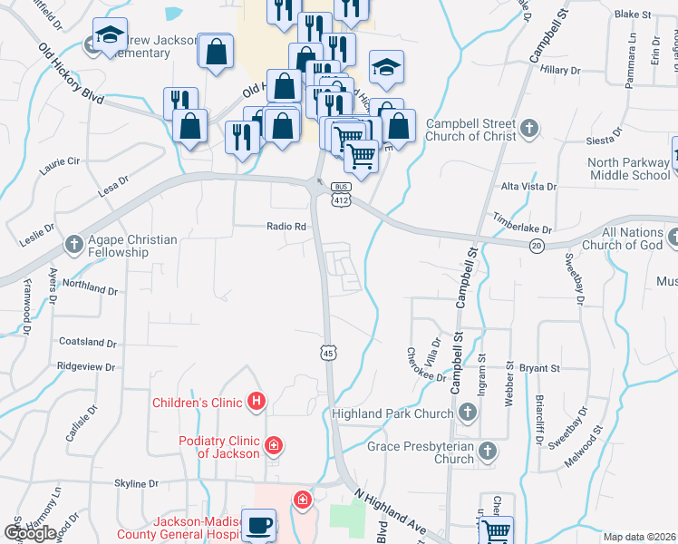 map of restaurants, bars, coffee shops, grocery stores, and more near 23 Frankland Avenue in Jackson