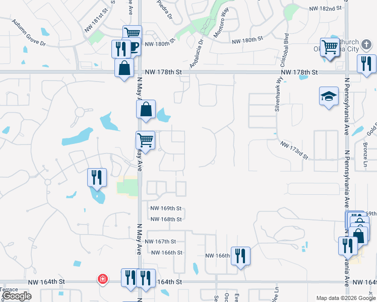 map of restaurants, bars, coffee shops, grocery stores, and more near 17300 Hardwood Place in Edmond