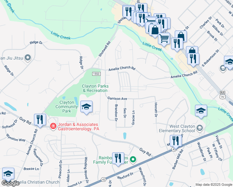 map of restaurants, bars, coffee shops, grocery stores, and more near 179 Plott Hound Drive in Clayton