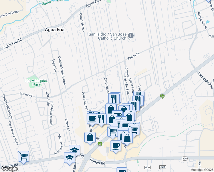 map of restaurants, bars, coffee shops, grocery stores, and more near 4362 San Benito Street in Santa Fe
