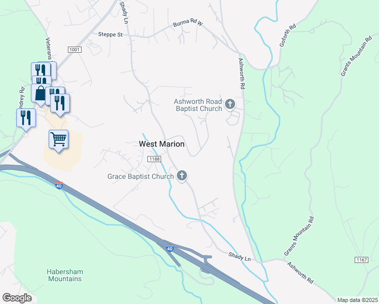 map of restaurants, bars, coffee shops, grocery stores, and more near 823 Shady Lane in Marion