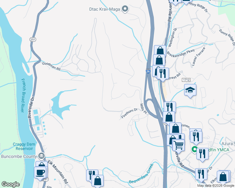 map of restaurants, bars, coffee shops, grocery stores, and more near 27 Audubon Drive in Asheville