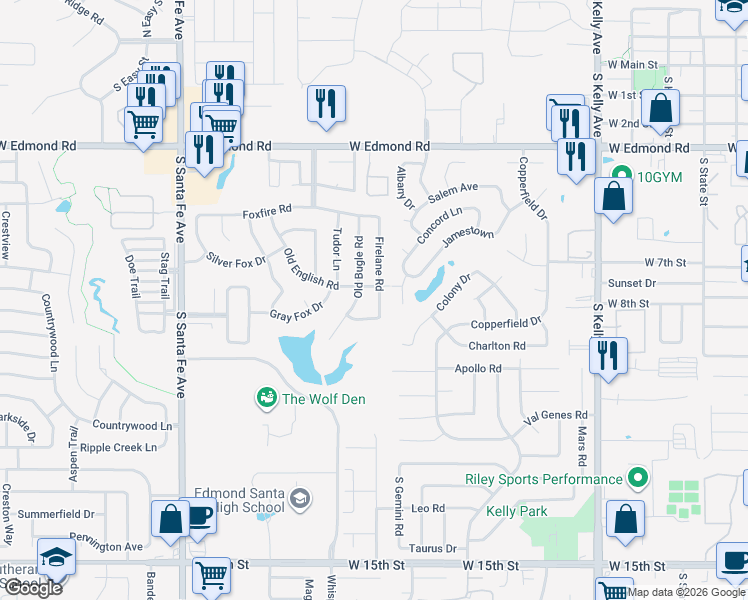 map of restaurants, bars, coffee shops, grocery stores, and more near 704 Old Bugle Road in Edmond