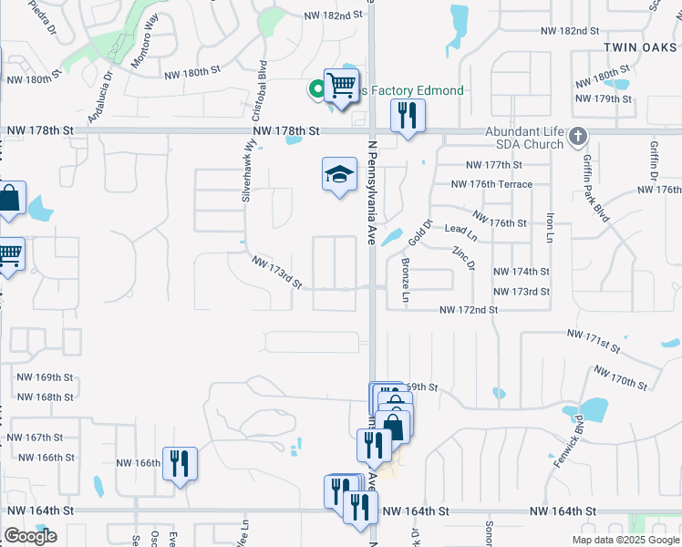 map of restaurants, bars, coffee shops, grocery stores, and more near 17408 Golden Hawk Lane in Edmond