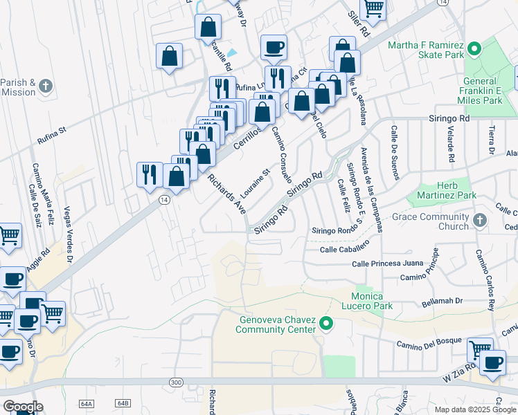 map of restaurants, bars, coffee shops, grocery stores, and more near 3236 Louraine Circle in Santa Fe