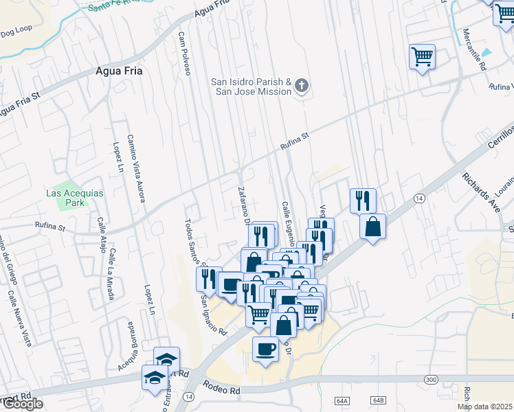 map of restaurants, bars, coffee shops, grocery stores, and more near 4350 San Benito Street in Santa Fe