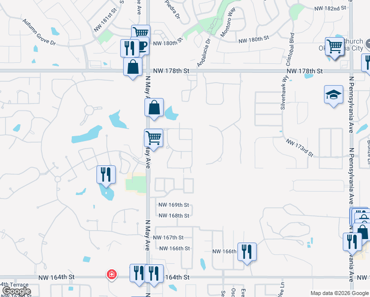 map of restaurants, bars, coffee shops, grocery stores, and more near 2801 Northwest 172nd Street in Edmond