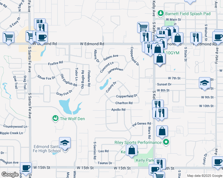 map of restaurants, bars, coffee shops, grocery stores, and more near 700 Colony Drive in Edmond