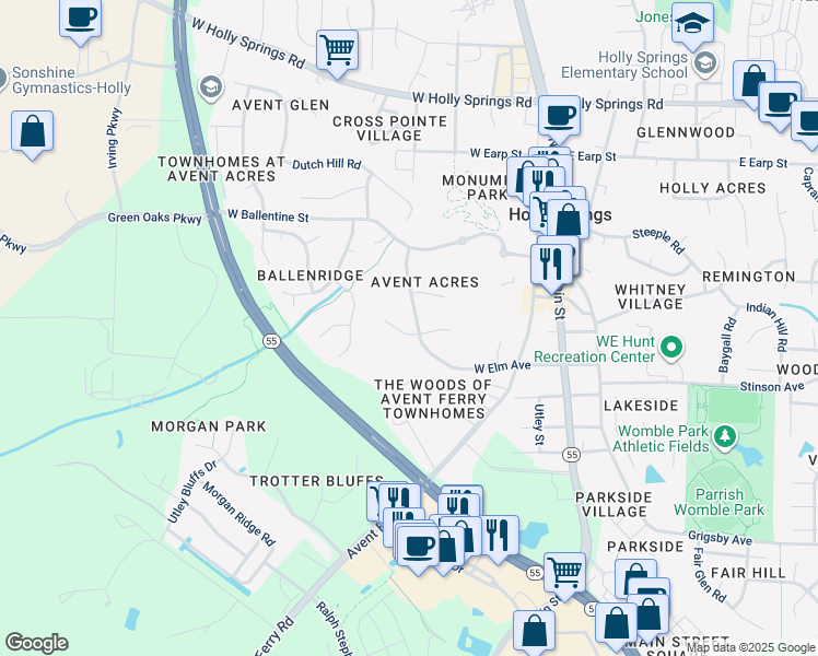 map of restaurants, bars, coffee shops, grocery stores, and more near 404 Cottonwood Lane in Holly Springs