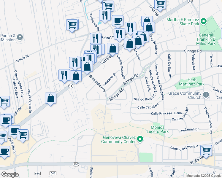 map of restaurants, bars, coffee shops, grocery stores, and more near 3236 Louraine Circle in Santa Fe