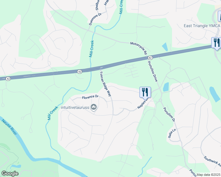map of restaurants, bars, coffee shops, grocery stores, and more near 44 Siena Way in Clayton