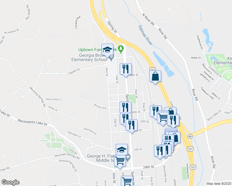map of restaurants, bars, coffee shops, grocery stores, and more near 531 32nd Street in Paso Robles