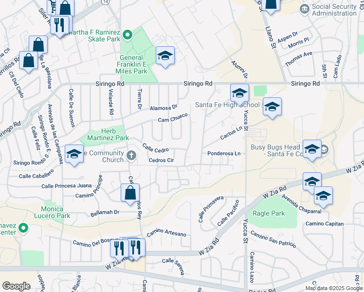 map of restaurants, bars, coffee shops, grocery stores, and more near 2703 Calle Cedro in Santa Fe
