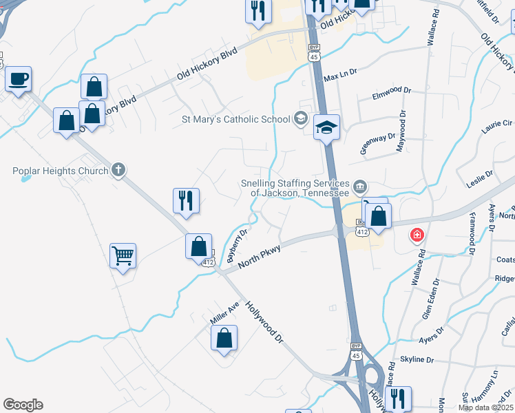 map of restaurants, bars, coffee shops, grocery stores, and more near 101 Bayberry Drive in Jackson