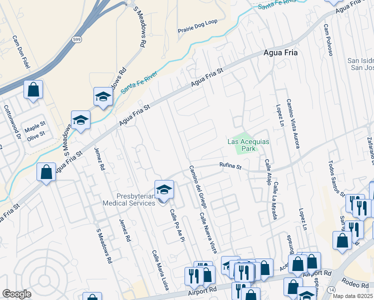 map of restaurants, bars, coffee shops, grocery stores, and more near 5218 Via Del Valla in Santa Fe