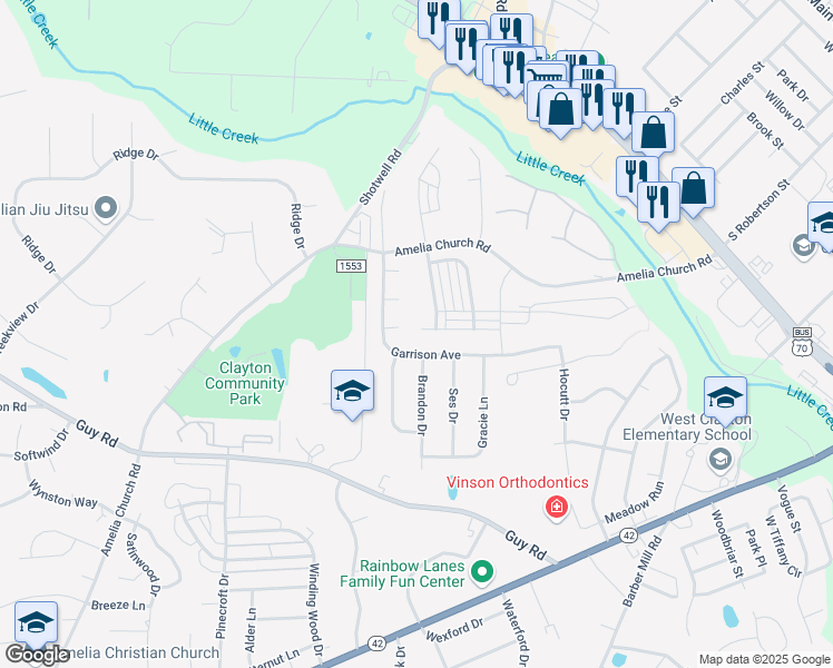map of restaurants, bars, coffee shops, grocery stores, and more near 189 Plott Hound Drive in Clayton