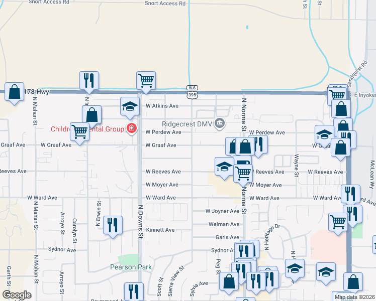map of restaurants, bars, coffee shops, grocery stores, and more near 718 West Bennett Street in Ridgecrest