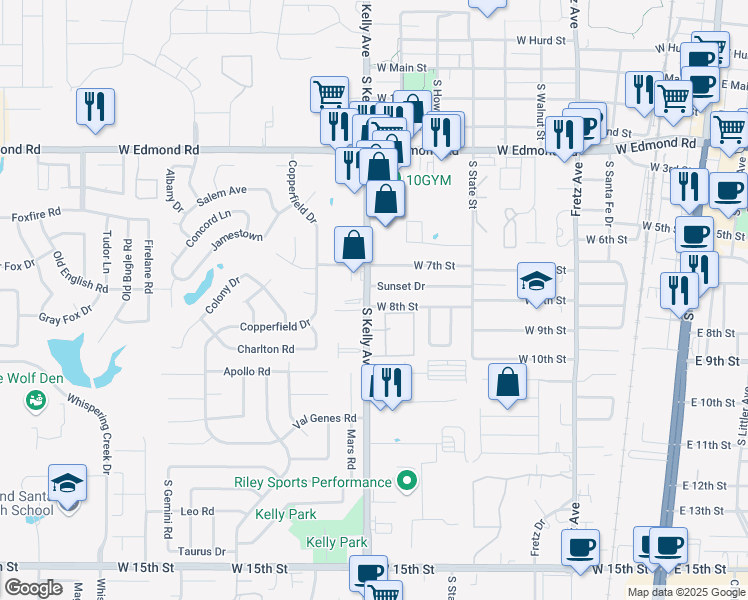 map of restaurants, bars, coffee shops, grocery stores, and more near 825 West 8th Street in Edmond