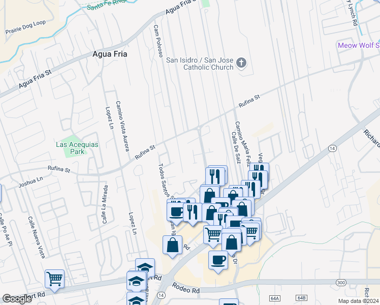 map of restaurants, bars, coffee shops, grocery stores, and more near 4332C Santo Domingo Street in Santa Fe