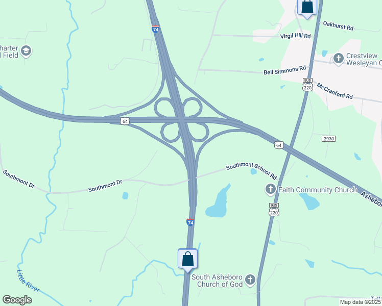 map of restaurants, bars, coffee shops, grocery stores, and more near Route 220 Highway in Asheboro