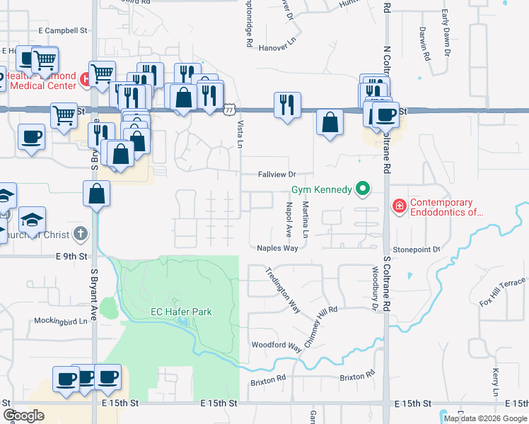 map of restaurants, bars, coffee shops, grocery stores, and more near 2300 Tuscan Lane in Edmond