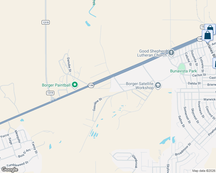 map of restaurants, bars, coffee shops, grocery stores, and more near 45-199 South Shelton Street in Borger