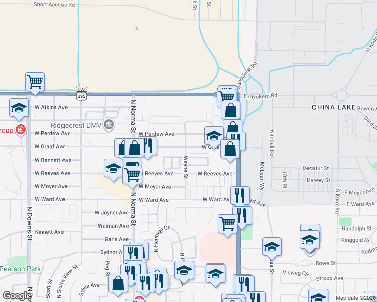 map of restaurants, bars, coffee shops, grocery stores, and more near 249 West Graaf Avenue in Ridgecrest