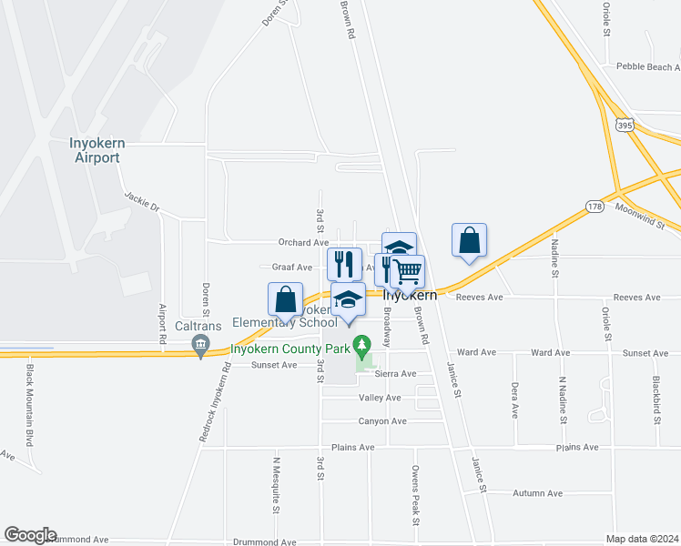 map of restaurants, bars, coffee shops, grocery stores, and more near 6605 Ash Avenue in Inyokern