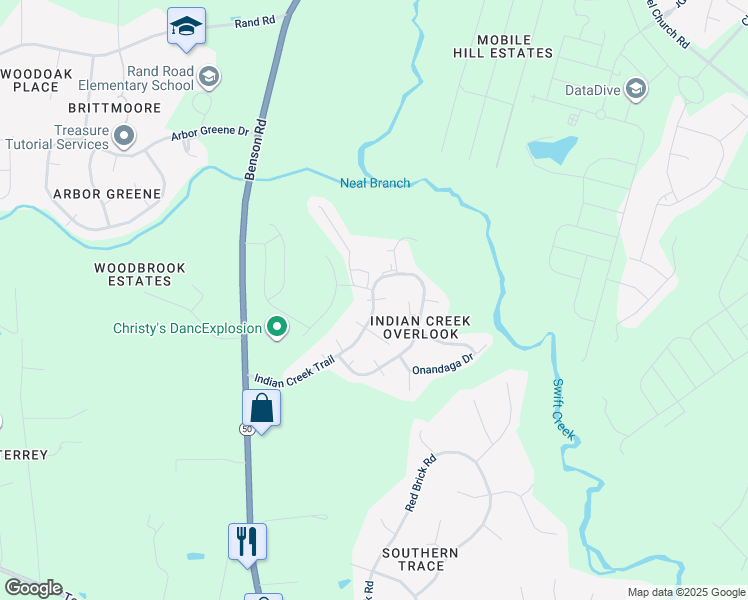 map of restaurants, bars, coffee shops, grocery stores, and more near Tonto Lane in Garner