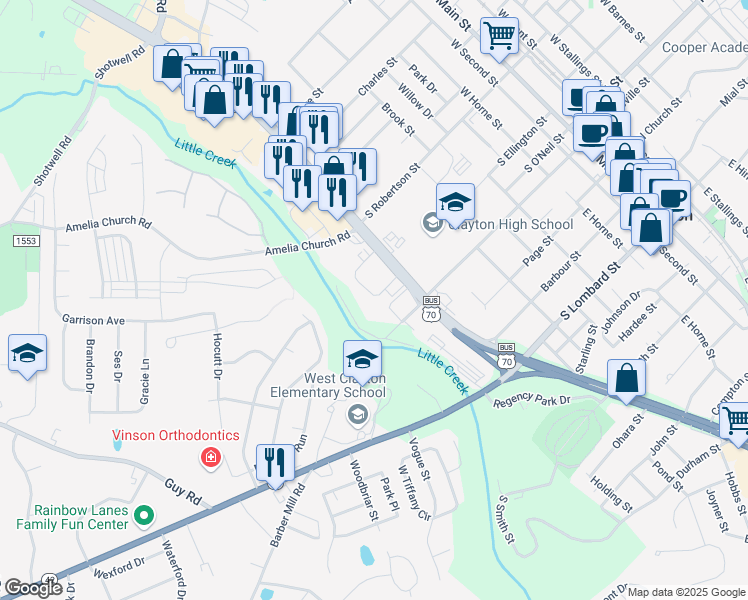 map of restaurants, bars, coffee shops, grocery stores, and more near 104 Greenwood Drive in Clayton