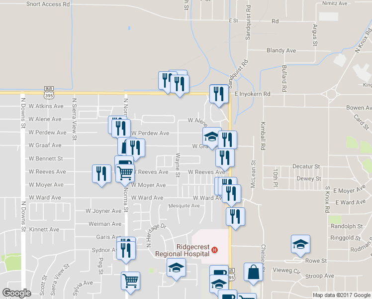 map of restaurants, bars, coffee shops, grocery stores, and more near 245 West Graaf Avenue in Ridgecrest