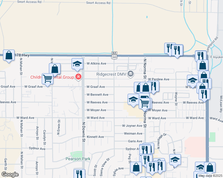 map of restaurants, bars, coffee shops, grocery stores, and more near 705 West Graaf Avenue in Ridgecrest