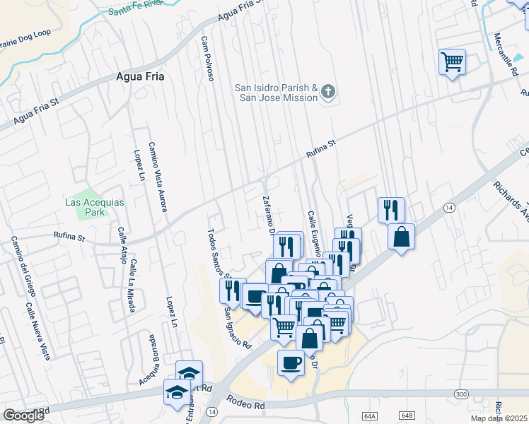 map of restaurants, bars, coffee shops, grocery stores, and more near 4401 Santo Domingo Street in Santa Fe
