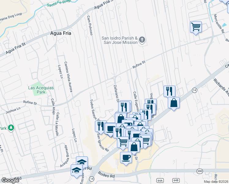 map of restaurants, bars, coffee shops, grocery stores, and more near 4362 San Benito Street in Santa Fe