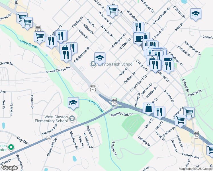 map of restaurants, bars, coffee shops, grocery stores, and more near 144 Jones Circle in Clayton