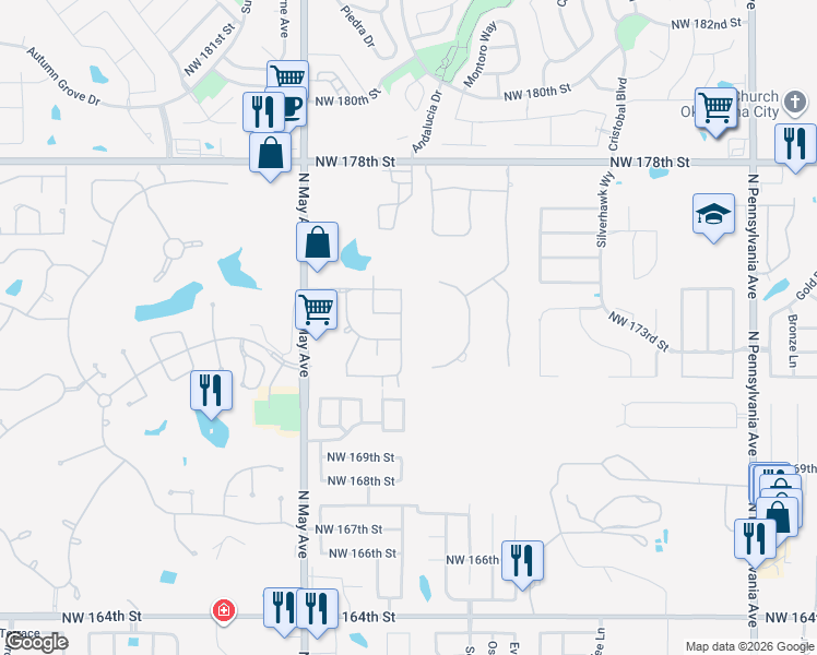 map of restaurants, bars, coffee shops, grocery stores, and more near 17300 Hardwood Place in Edmond