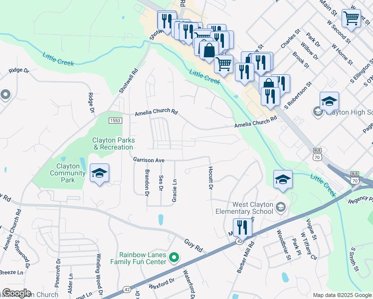 map of restaurants, bars, coffee shops, grocery stores, and more near 30 Gristmill Circle in Clayton