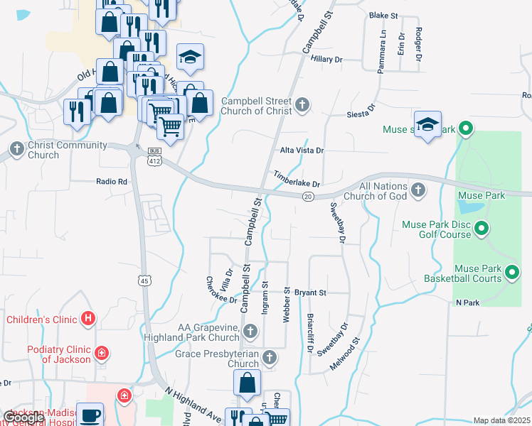 map of restaurants, bars, coffee shops, grocery stores, and more near 1334 Campbell Street in Jackson