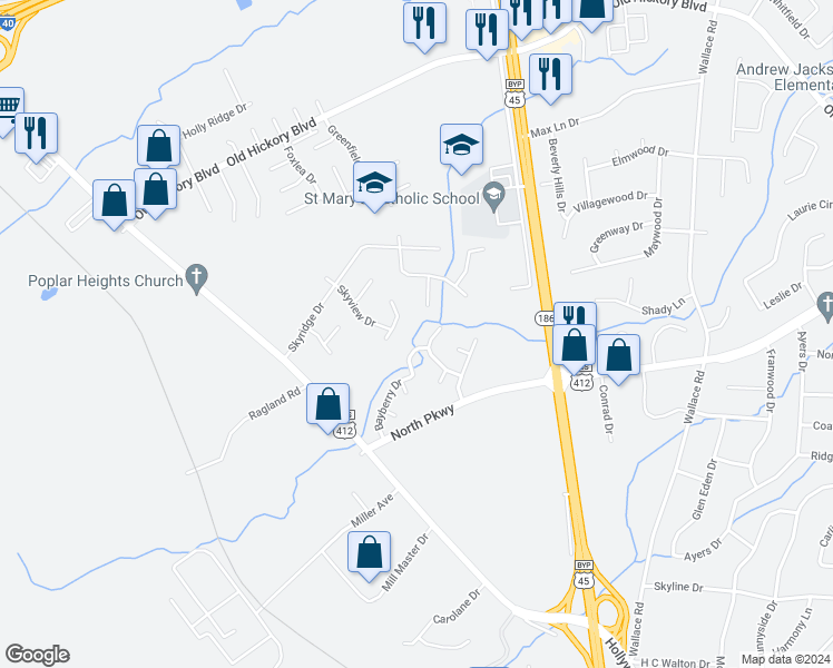 map of restaurants, bars, coffee shops, grocery stores, and more near 101 Bayberry Drive in Jackson