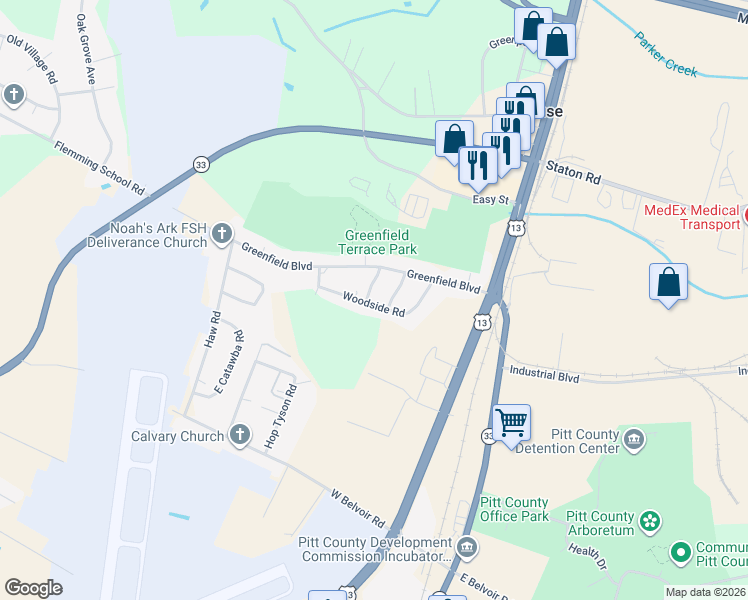 map of restaurants, bars, coffee shops, grocery stores, and more near 207 Woodside Rd in Greenville